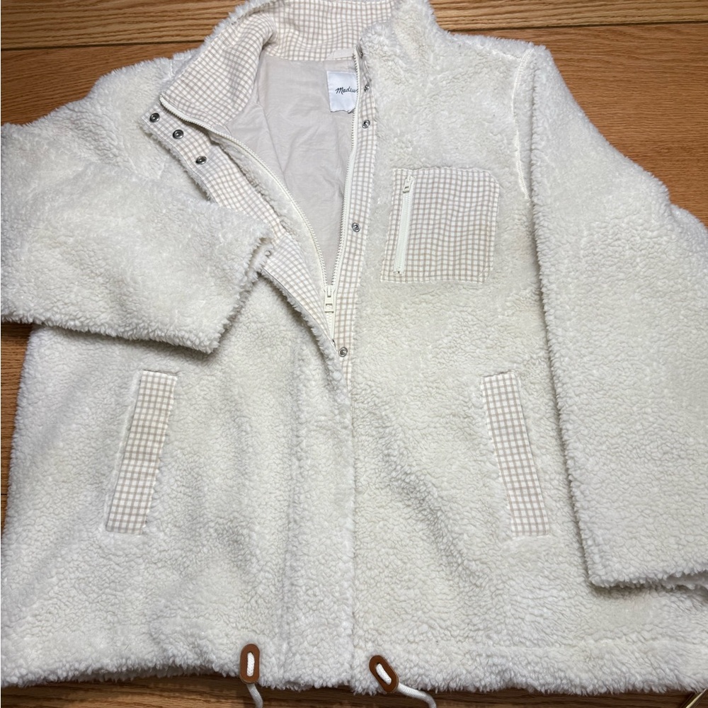 Madewell Cream Teddy Jacket with Gingham Accents